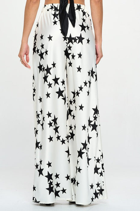 Silky Satin Star Print Pants with Side Pocket