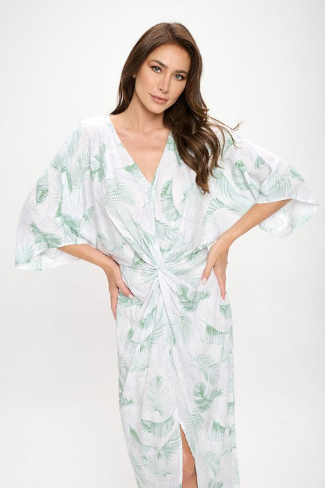 Tropical Leaf Print Kimono Dress with Front Twist