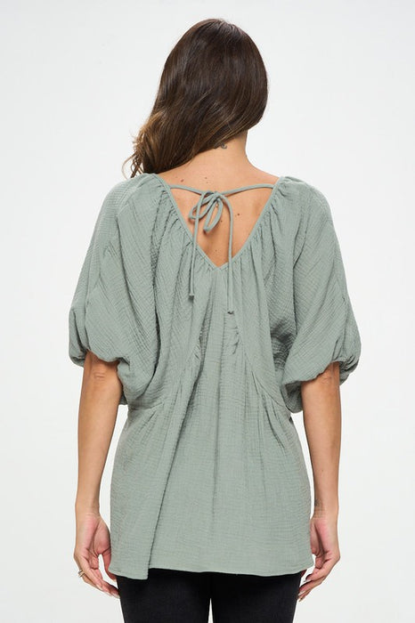 Cotton V neck Puff Sleeve Tunic Top