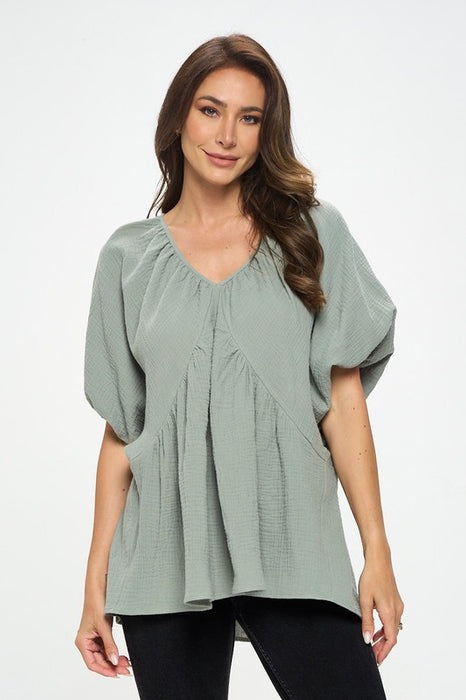 Cotton V neck Puff Sleeve Tunic Top