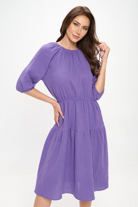 Made in USA Cotton 3/4 Sleeve Tiered Midi Dress