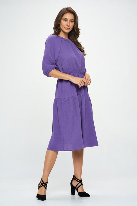 Made in USA Cotton 3/4 Sleeve Tiered Midi Dress