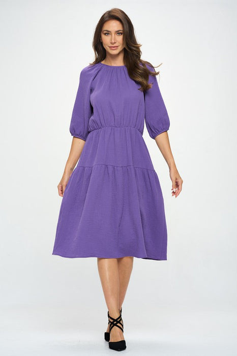 Made in USA Cotton 3/4 Sleeve Tiered Midi Dress