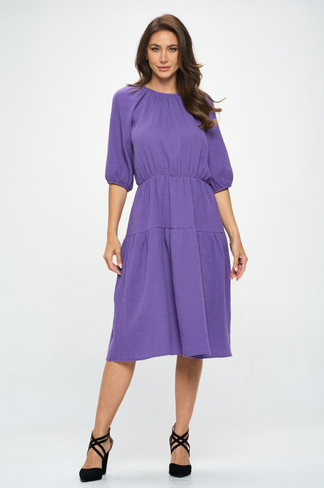 Made in USA Cotton 3/4 Sleeve Tiered Midi Dress