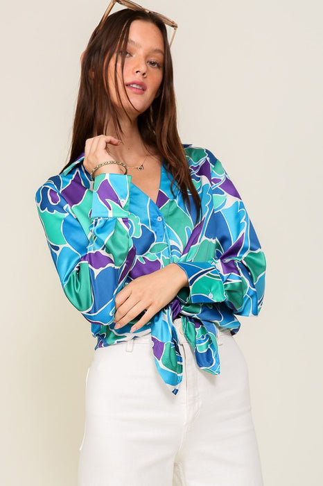 Retro Print Satin Blouse