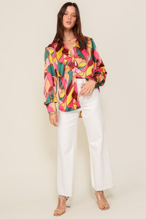 Retro Print Satin Blouse