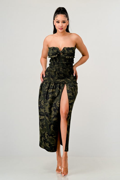 ATHINA DARK CAMO PRINT FRONT SLIT DRESS