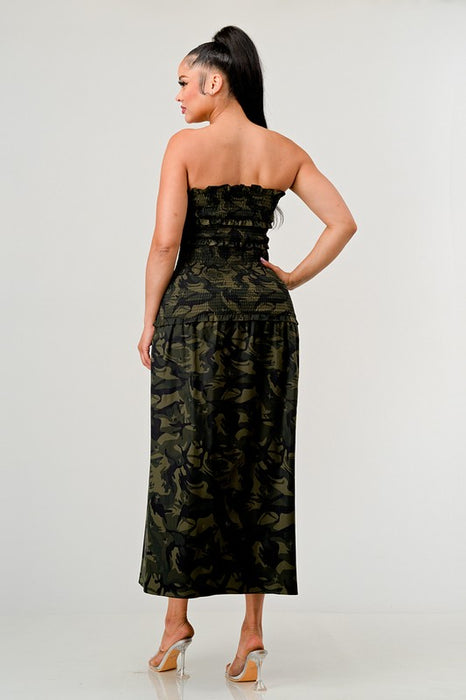 ATHINA DARK CAMO PRINT FRONT SLIT DRESS