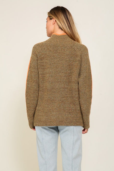 Marled Brown Raglan Sleeve Funnel Neck Sweater