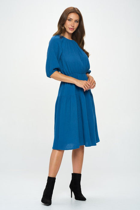 Made in USA Cotton 3/4 Sleeve Tiered Midi Dress