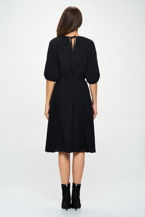 Made in USA Cotton 3/4 Sleeve Tiered Midi Dress