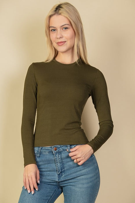 Ribbed Round Neck Long Sleeve Top