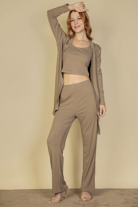 Rib Cami Top with Pants and Long Cardigan Set