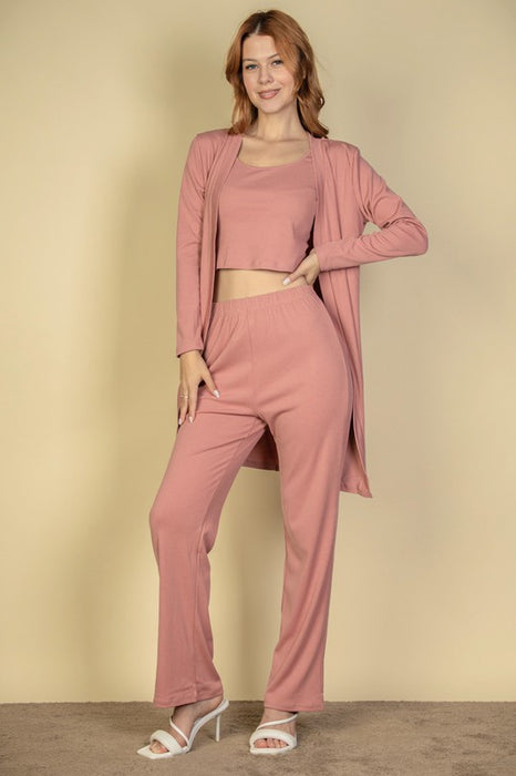 Rib Cami Top with Pants and Long Cardigan Set