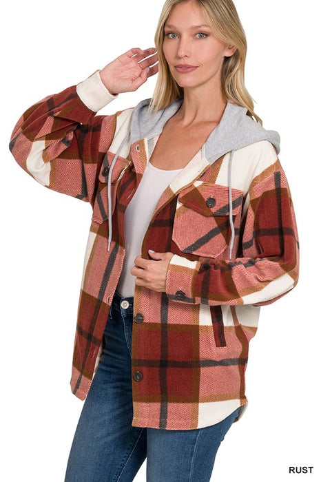 Plaid Drawstring Hooded Fleece Shacket