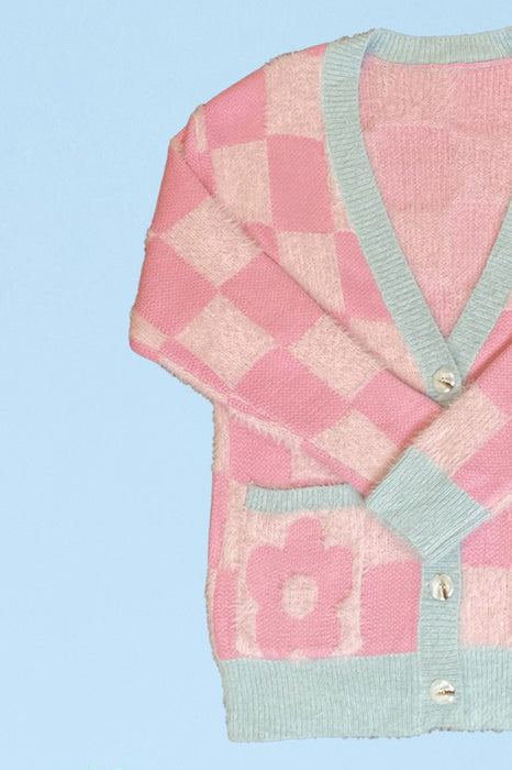 Fuzzy retro flower checkered knit cardigan