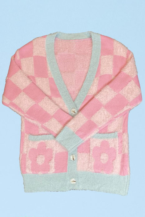 Fuzzy retro flower checkered knit cardigan