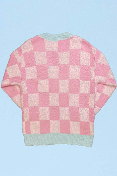 Fuzzy retro flower checkered knit cardigan