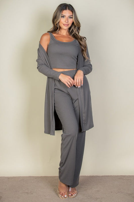 Rib Cami Top with Pants and Long Cardigan Set