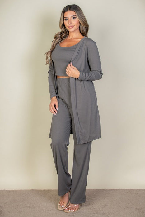 Rib Cami Top with Pants and Long Cardigan Set