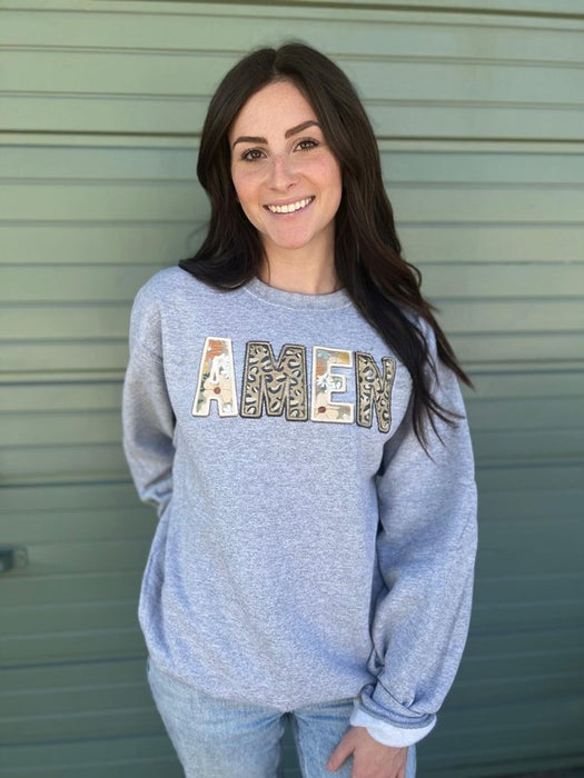 Faux Embroidery Amen Patch Sweatshirt