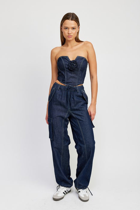 DENIM CORSET TUBE TOP WITH ROSETTE DETAIL