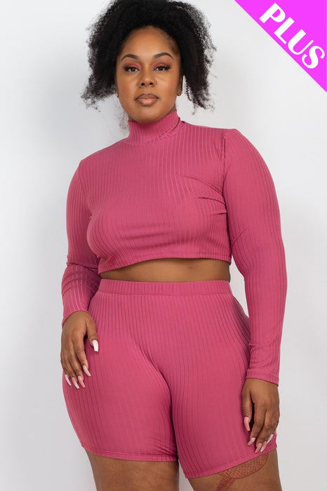 Plus Size Ribbed Mock Neck Crop Top & Shorts Set