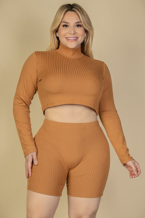 Plus Size Ribbed Mock Neck Crop Top & Shorts Set