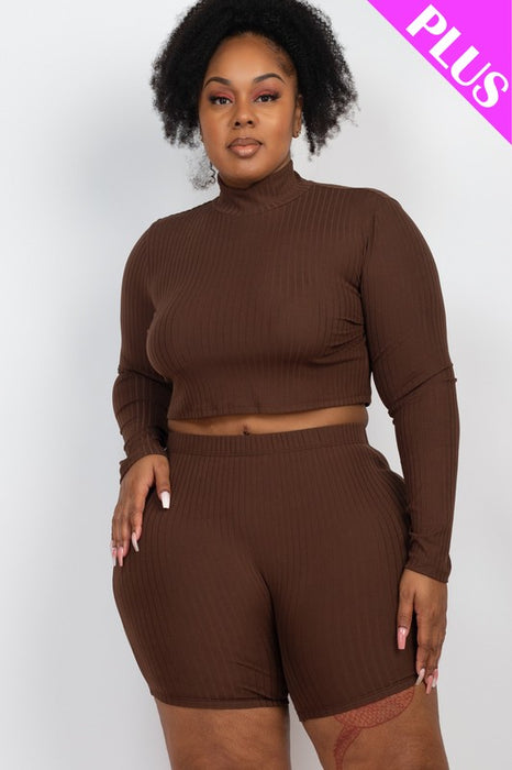 Plus Size Ribbed Mock Neck Crop Top & Shorts Set