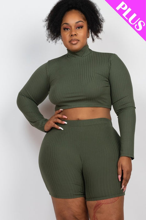 Plus Size Ribbed Mock Neck Crop Top & Shorts Set