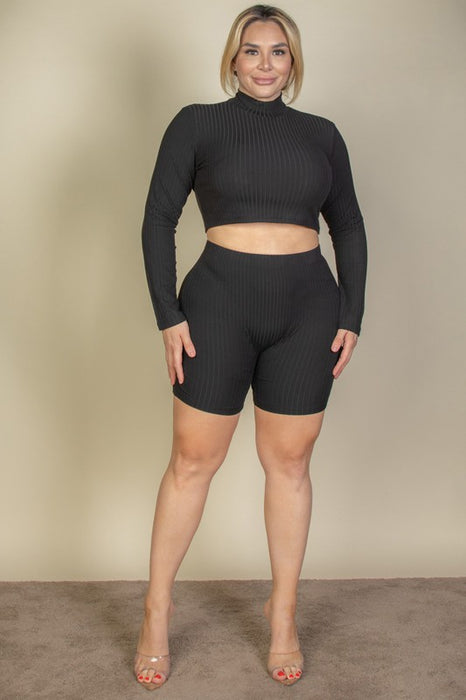 Plus Size Ribbed Mock Neck Crop Top & Shorts Set