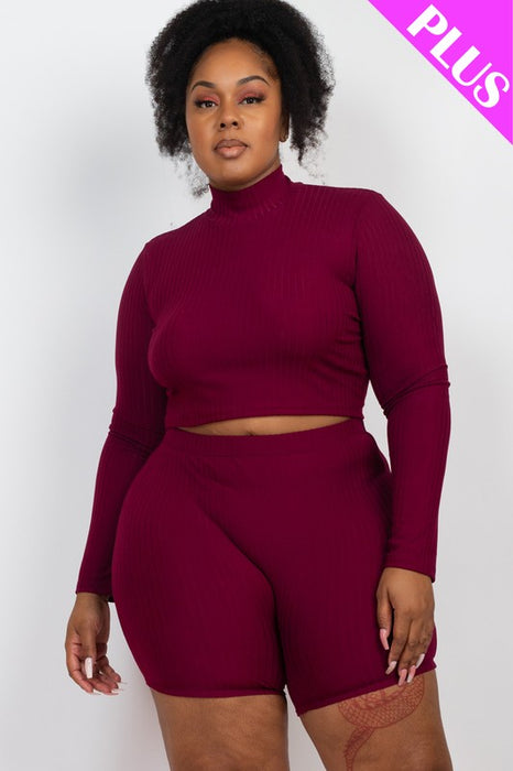 Plus Size Ribbed Mock Neck Crop Top & Shorts Set