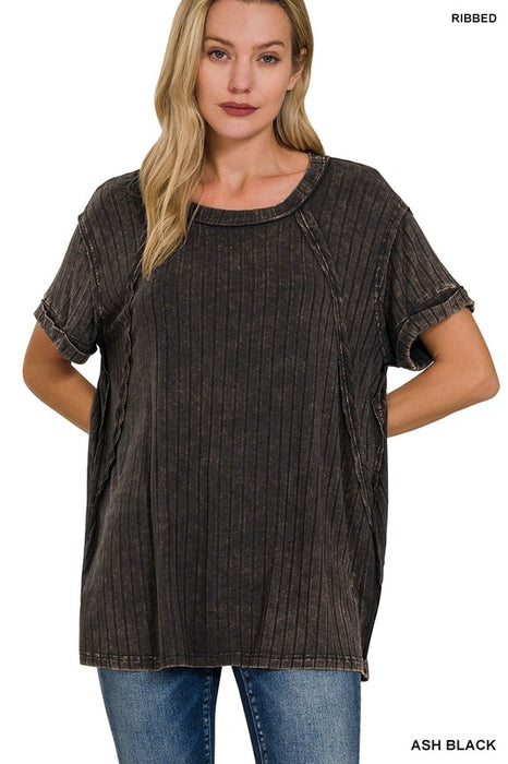 Ribbed Raglan Dolman Sleeve Boat-Neck Top