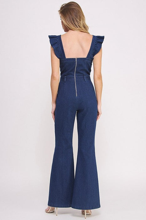 DENIM RUFFLE FLARE LEG JUMPSUIT