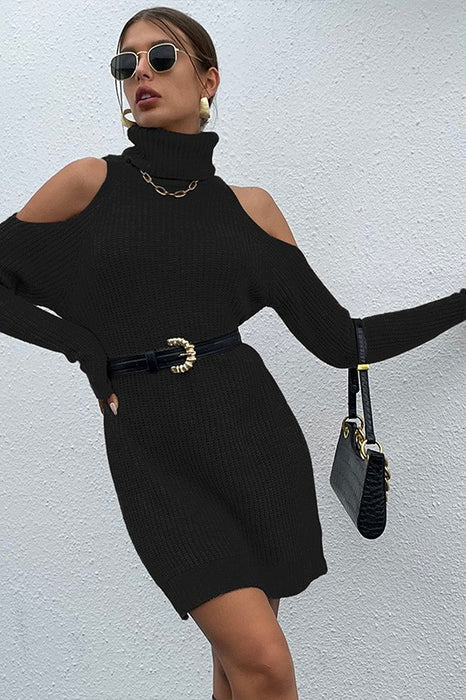 Black Black Turtleneck Cold-Shoulder Sweater Dress