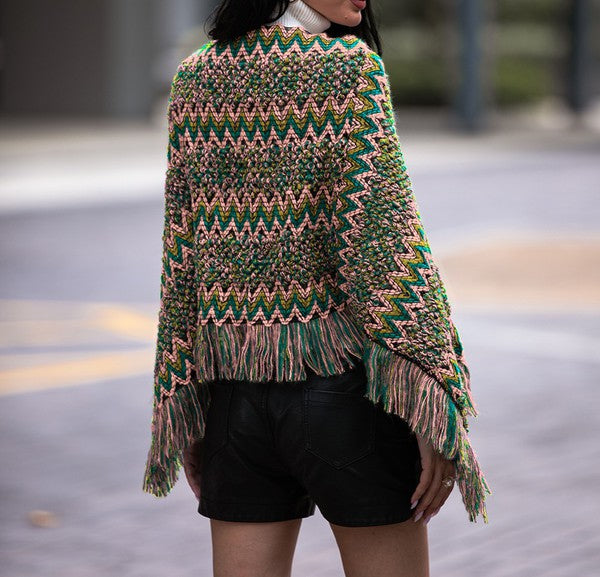 Green Fringe Trim Batwing Sleeve Poncho Sweater