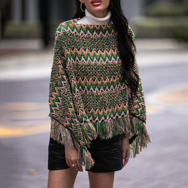 Green Fringe Trim Batwing Sleeve Poncho Sweater