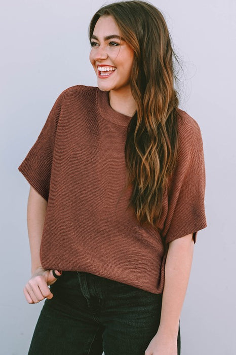 Coffee High Neck Short Bat Sleeve Sweater