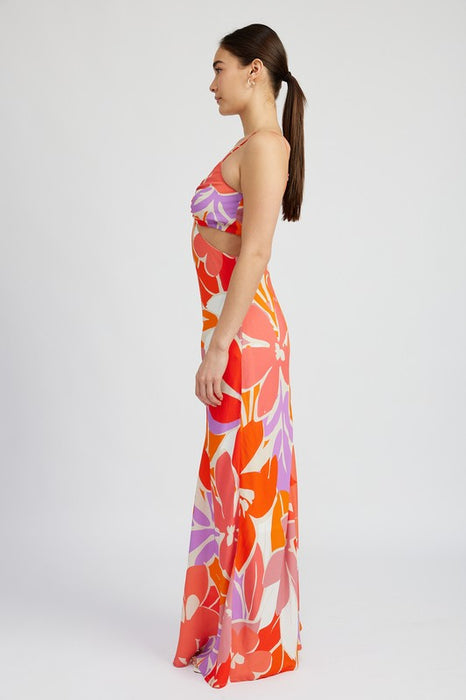 FLORAL CUT OUT MAXI DRESS WITH O RING DETAIL