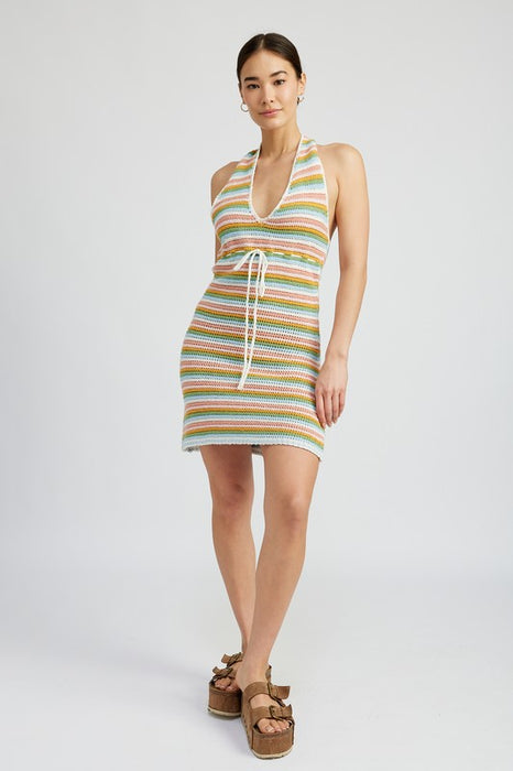 STRIPED CROCHET MINI DRESS WTIH HALTER NECK