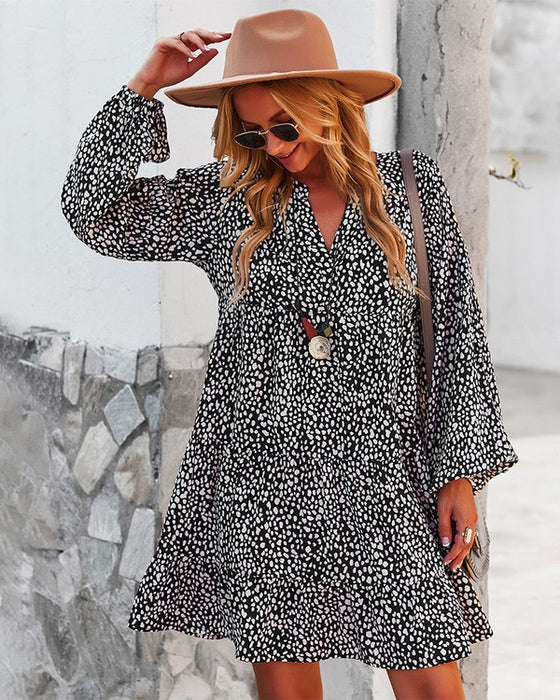 Womens V Neck Floral Mini Dress Long Sleeve