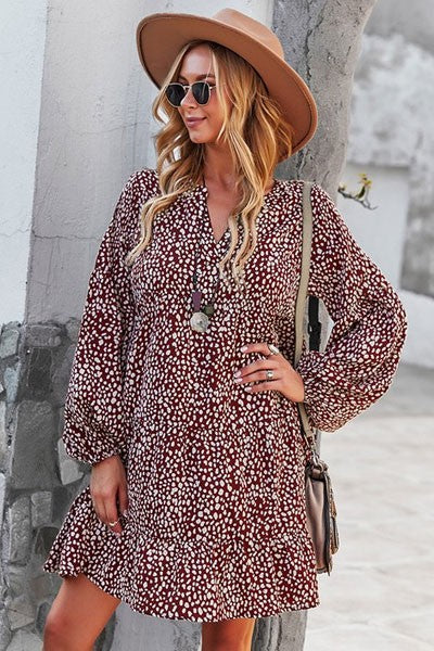 Womens V Neck Floral Mini Dress Long Sleeve