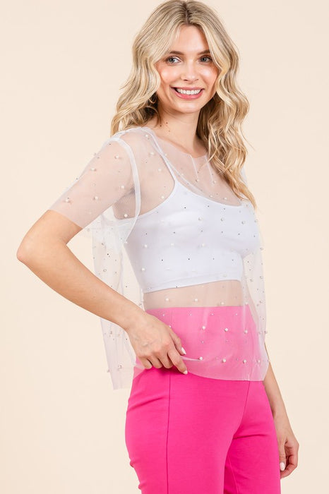 Rhinestone & Pearl Mesh Top