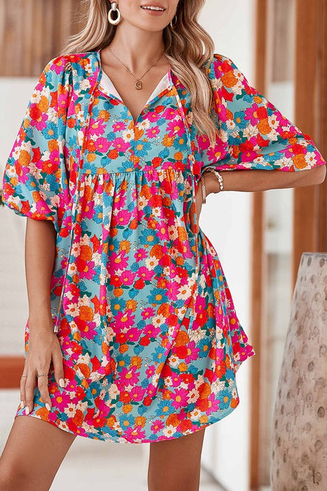 Boho Floral V Neck Lantern Sleeve Babydoll Dress