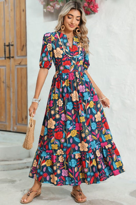 Retro Floral Printed Split Neck Maxi Dress