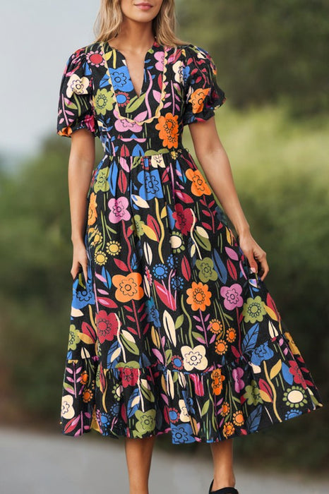 Retro Floral Printed Split Neck Maxi Dress