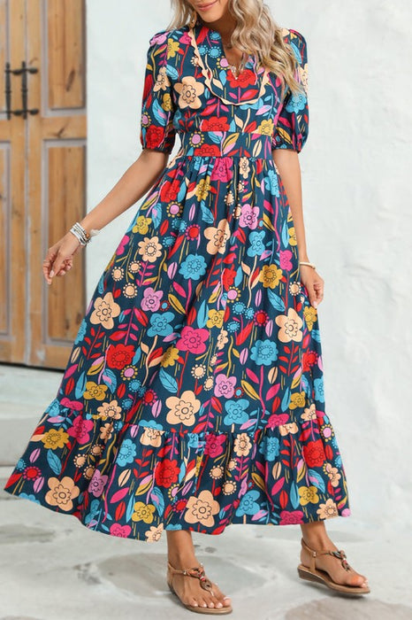 Retro Floral Printed Split Neck Maxi Dress