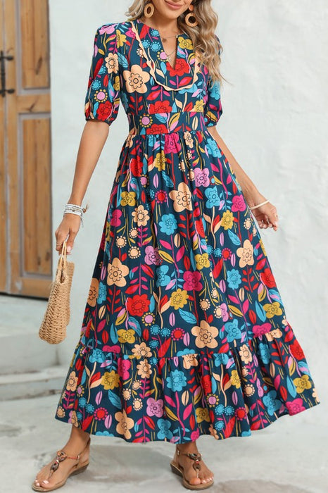 Retro Floral Printed Split Neck Maxi Dress