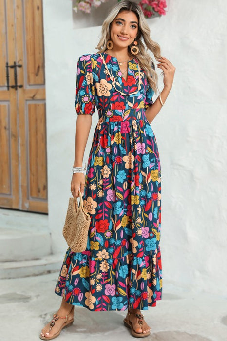 Retro Floral Printed Split Neck Maxi Dress