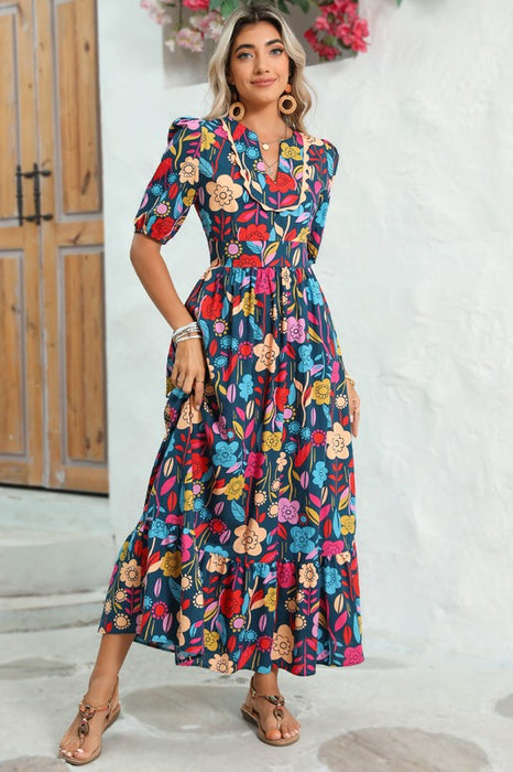 Retro Floral Printed Split Neck Maxi Dress